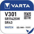 Sudraba oksīda pulksteņu baterija VARTA V301 1.55V/115mAh, 1gab.