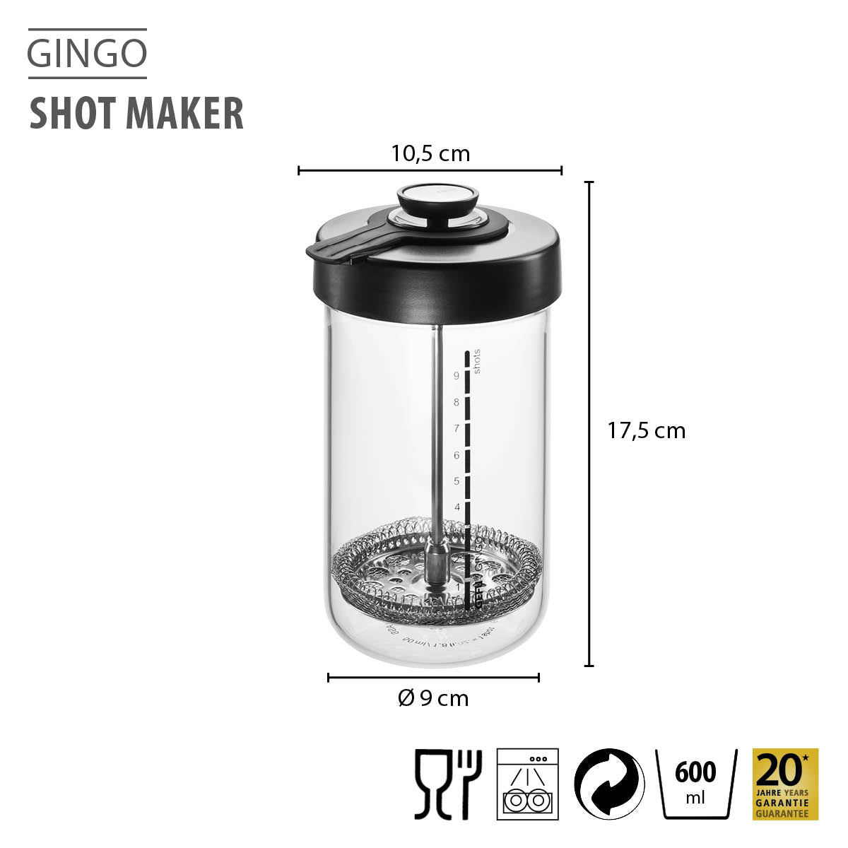 GEFU GINGO trauks ar sietu ingvera un sulas šotiem, 600 ml