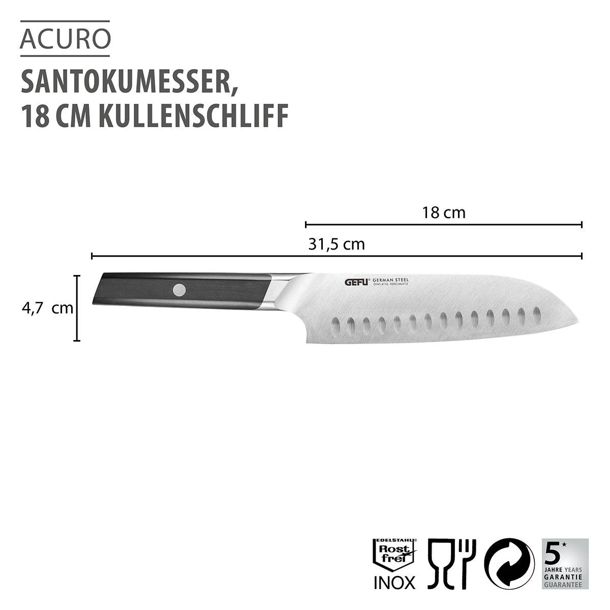 Santoku nazis GEFU ACURO, 18 cm