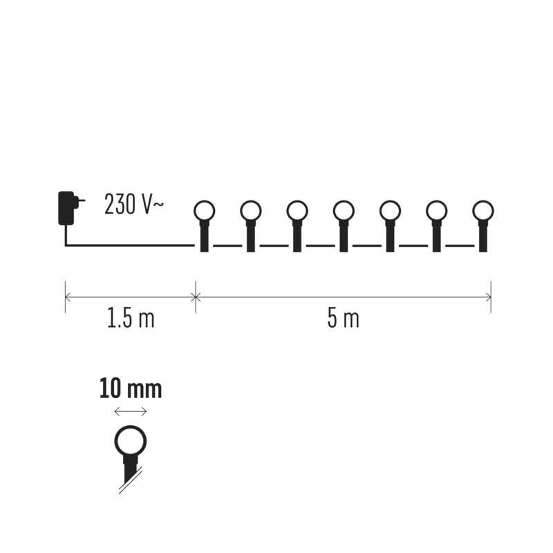 LED gaismiņu virtene 5m EMOS 100LED 6.5W bumbiņas baltas 5300K IP20
