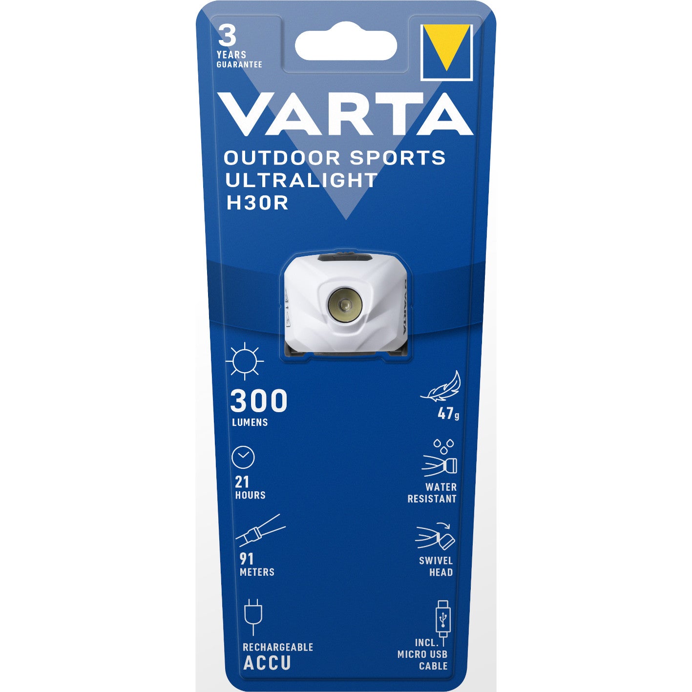 LED galvas lukturis VARTA Outdoor Sports Ultralight H30R uzlādējams, balts