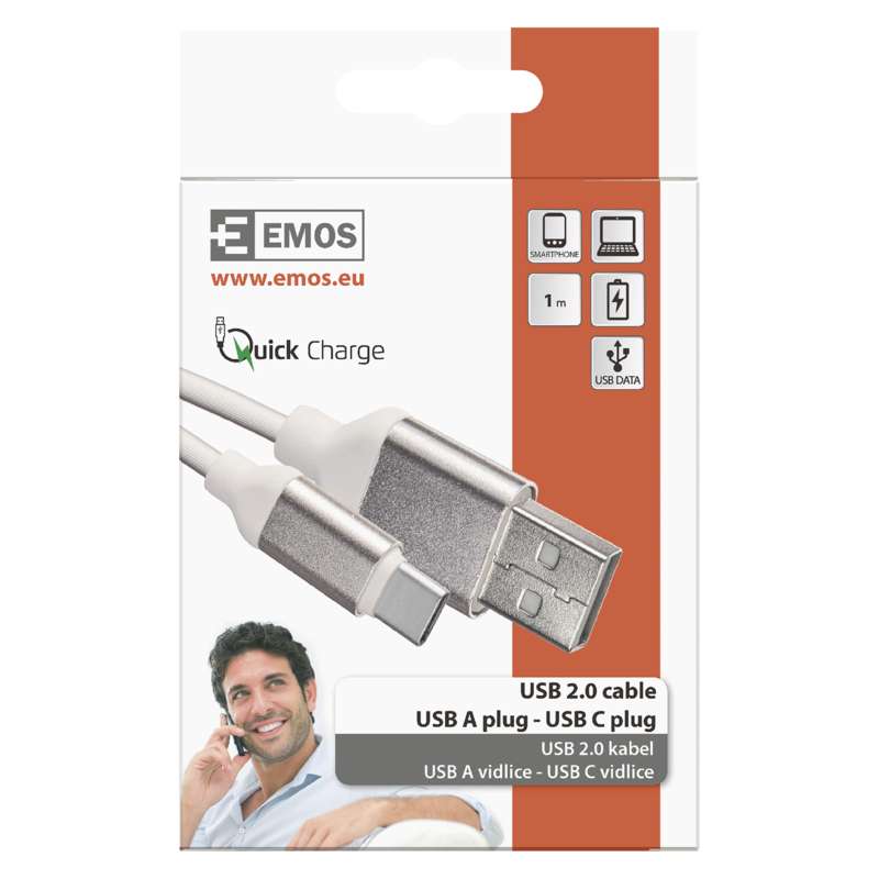 Savienojuma vads USB A spraudnis- C spraudnis 1m balts EMOS