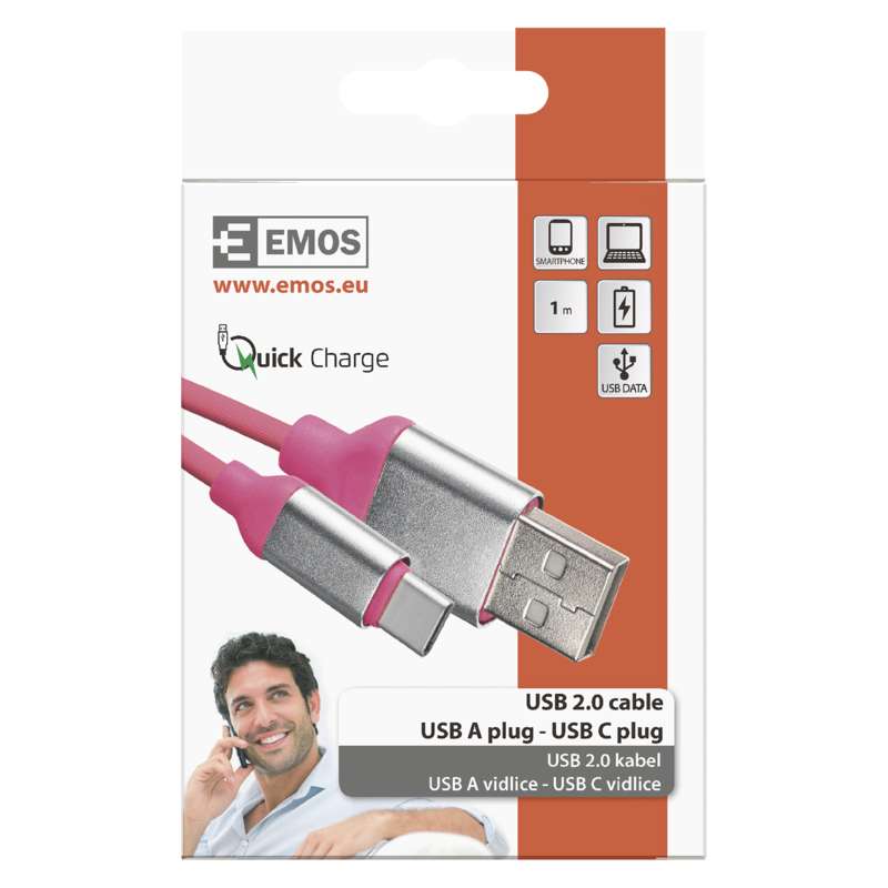 Lādētājs/savienojuma vads USB A spraudnis- C spraudnis 1m rozā EMOS