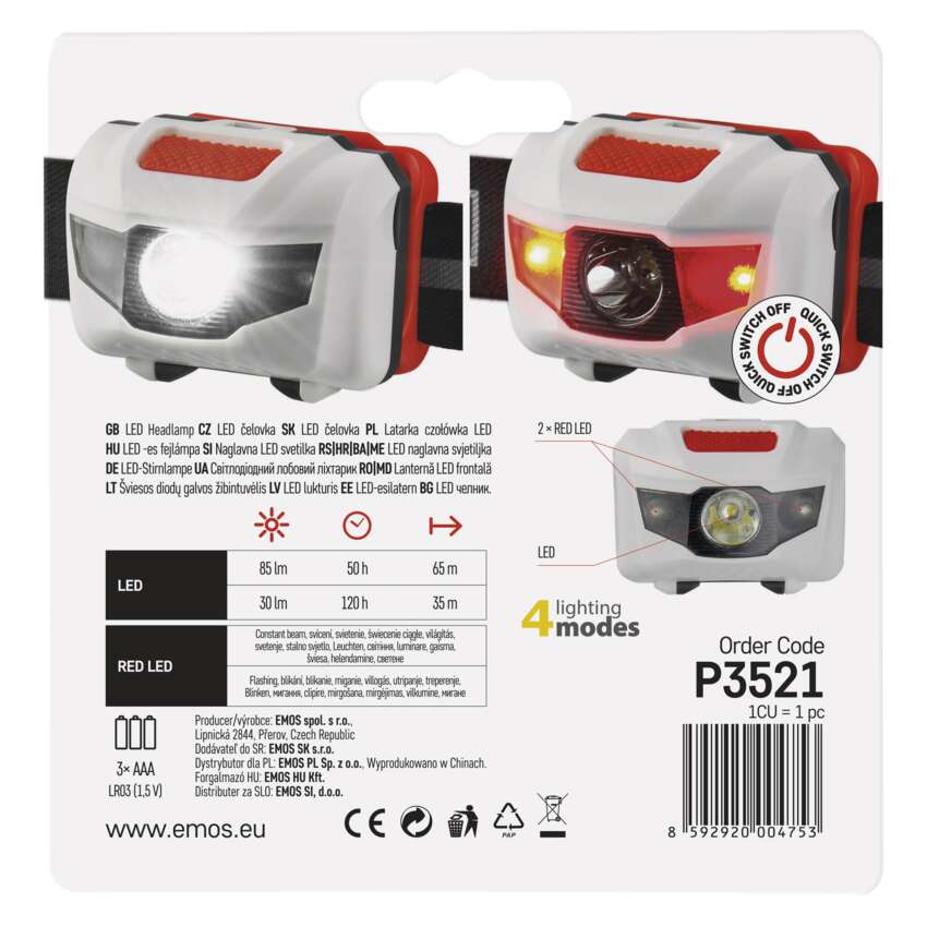 LED galvas lukturis EMOS 1W+ 2x sarkanas LED 85lm 65m (3xAAA)