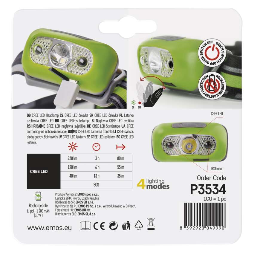 LED CREE galvas lukturis ar sensoru EMOS 230lm, uzlādējams