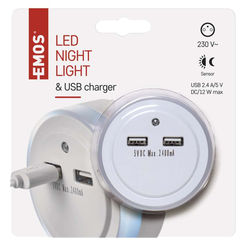 Naktslampa LED 0.3W ar fotosensoru 230V +2 USB pieslēgvietas EMOS