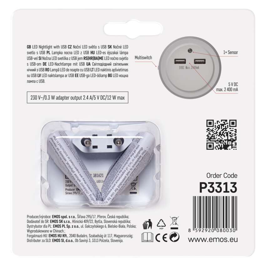 Naktslampa LED 0.3W ar fotosensoru 230V +2 USB pieslēgvietas EMOS