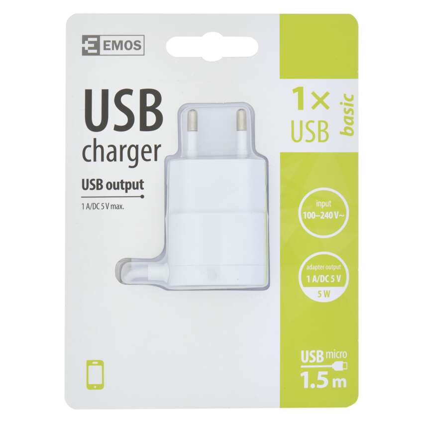 Mikro USB tīkla lādētājs 1.0A (5W max) Type B EMOS