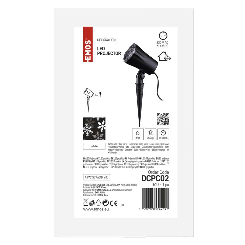 LED dekoratīvs projektors – sniegpārslas, lietošanai ārā un iekštelpās, vēsi balts EMOS