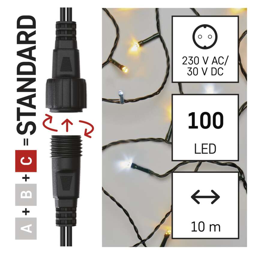 Standarta LED savienojošā virtene, 10 m, lietošanai ārā, silti/auksti balta EMOS