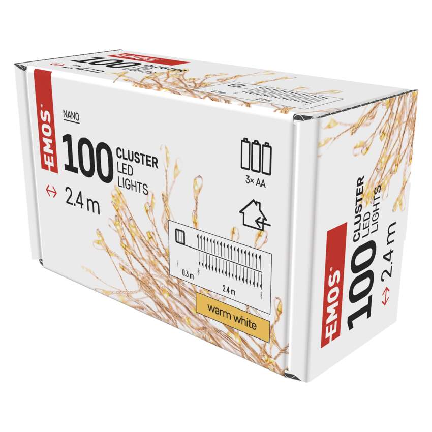LED gaismiņu nano virtene 2.4m WW ar taimeri, 3xAA, EMOS, iekštelpām