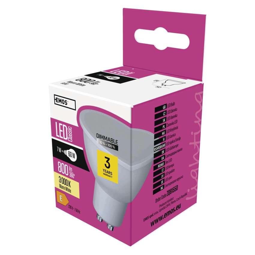 LED spuldze EMOS GU10 7W 800lm 3000K silti balta, dimmējama