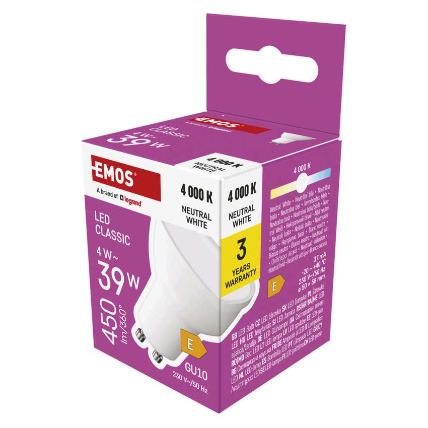 LED spuldze EMOS GU10 4W 450lm 4000K, neitrāli balta