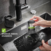 Trauku mazgāšanas birste ar dozatoru GEFU SWIFT ar izturīgiem neilona sariņiem un paliktni