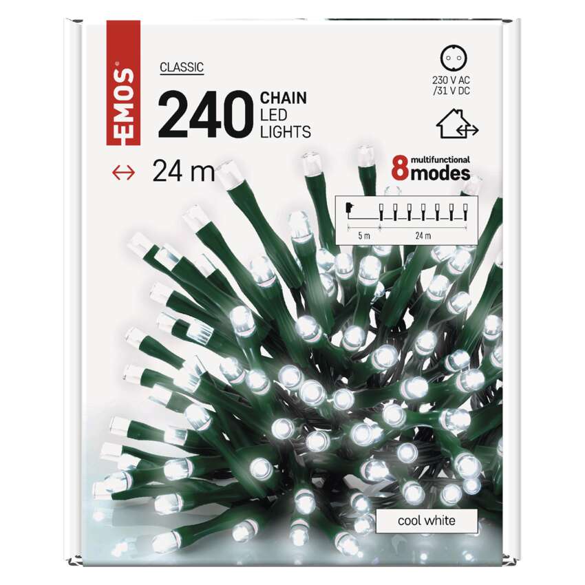 LED gaismas virtene 24m EMOS Classic 240LED 6W balta CW 8MOD IP44