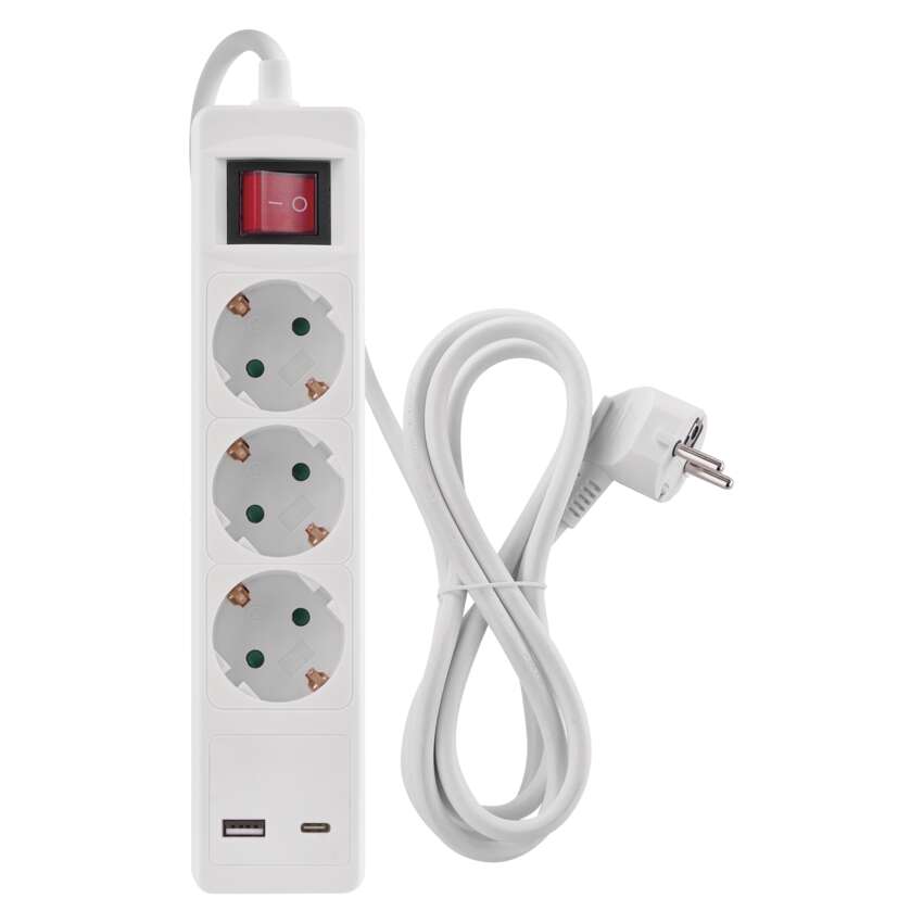 Pagarinātājs 2 m, 3 kontaktligzdas, ar slēdzii, 2×USB, EMOS