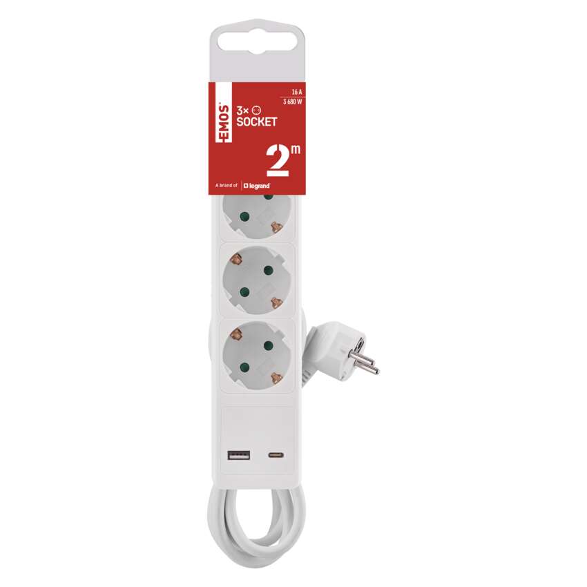 Pagarinātājs 2 m, 3 kontaktligzdas, ar slēdzii, 2×USB, EMOS