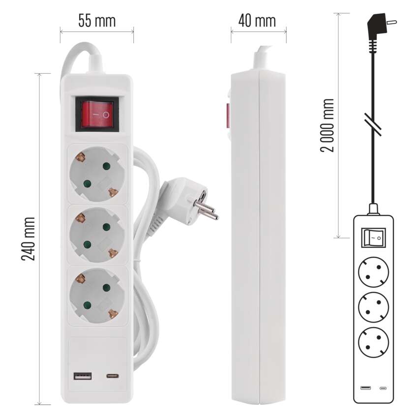 Pagarinātājs 2 m, 3 kontaktligzdas, ar slēdzii, 2×USB, EMOS