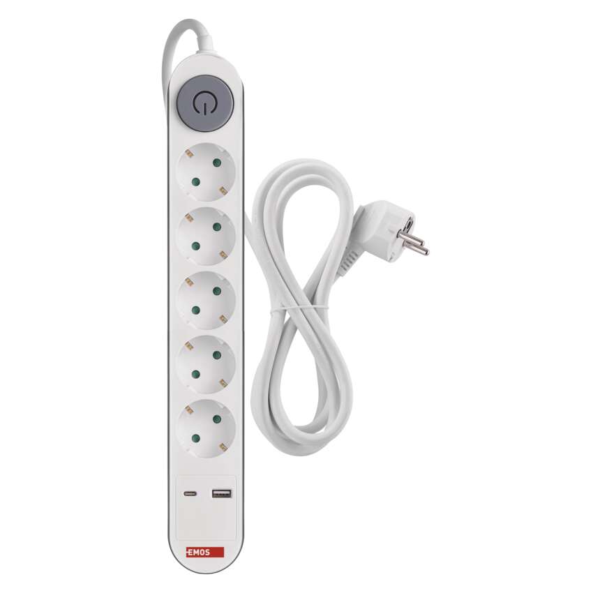 Pagarinātājs 3 m, 5 kontaktligzdas, ar slēdzi, 2×USB, EMOS
