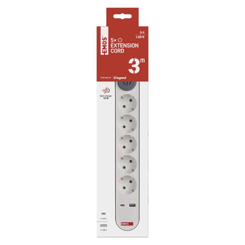 Pagarinātājs 3 m, 5 kontaktligzdas, ar slēdzi, 2×USB, EMOS