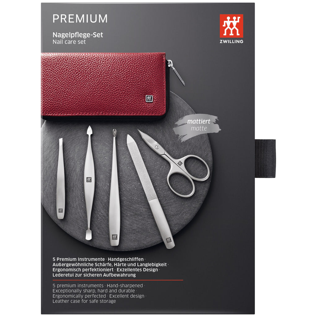 ZWILLING Premium manikīra un pedikīra komplekts 5 gab., sarkanā ādas maciņā