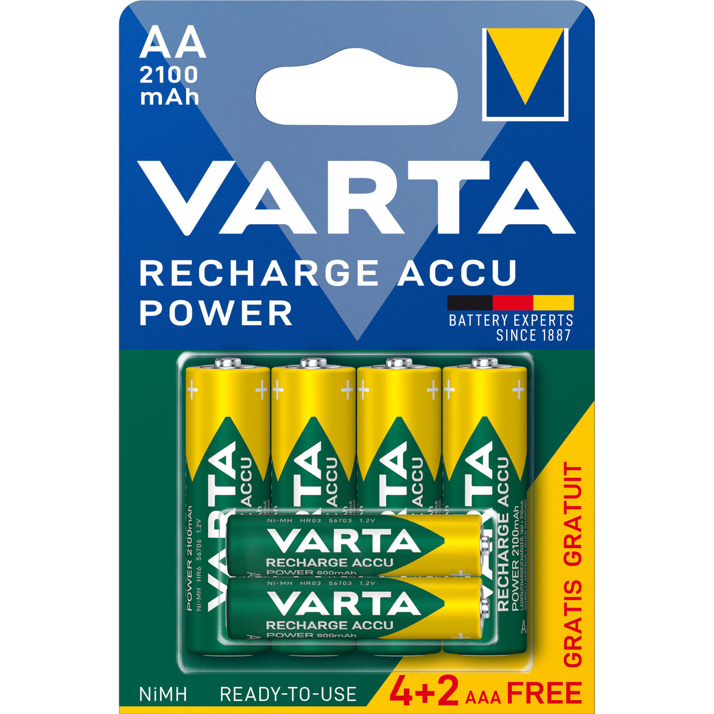 Baterijas lādējamas 4xAA+2xAAA VARTA Accu Power 2100mAh