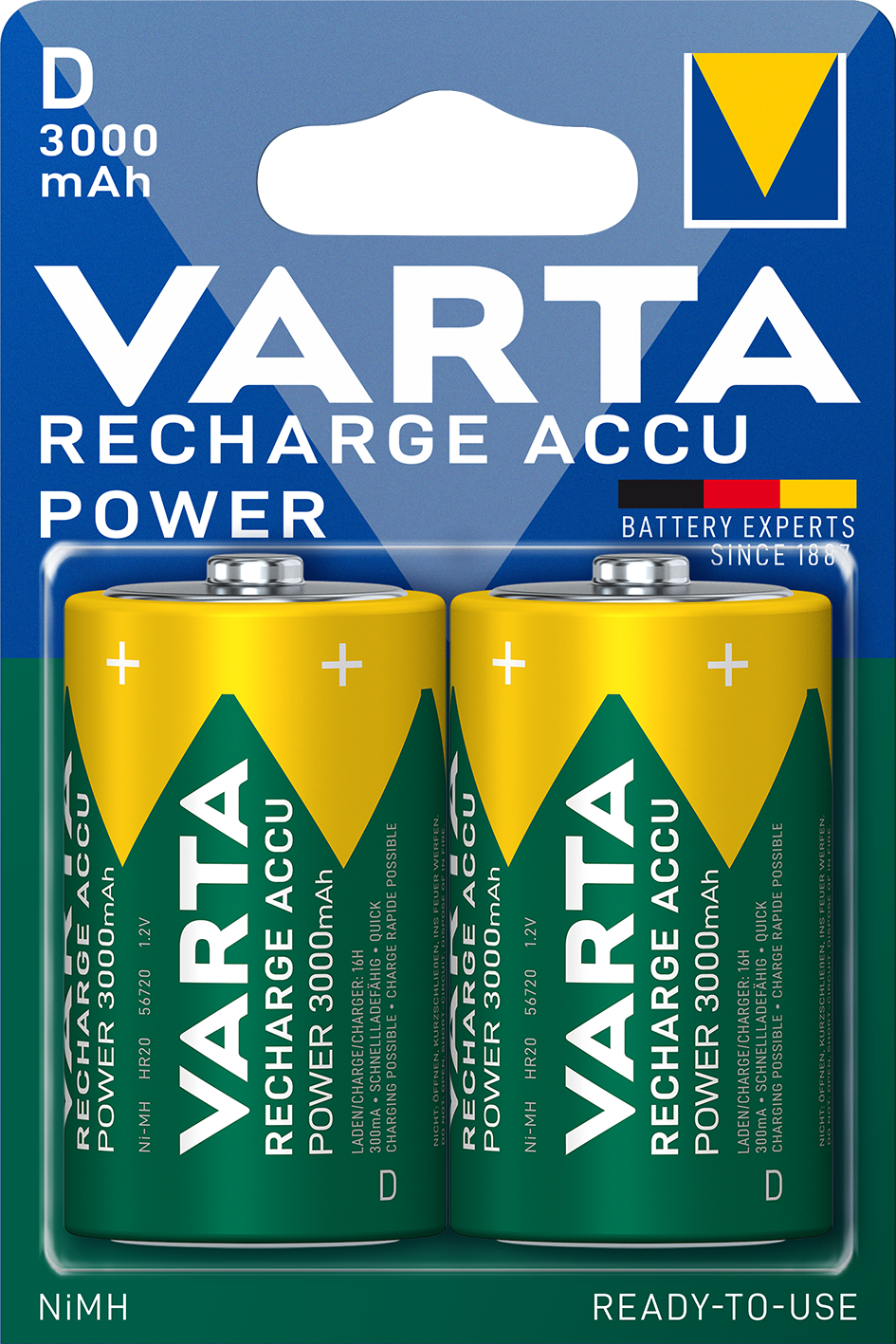 Apaļās baterijas lādējamas D VARTA Recharge Accu Power 3000mAh, 2gb.