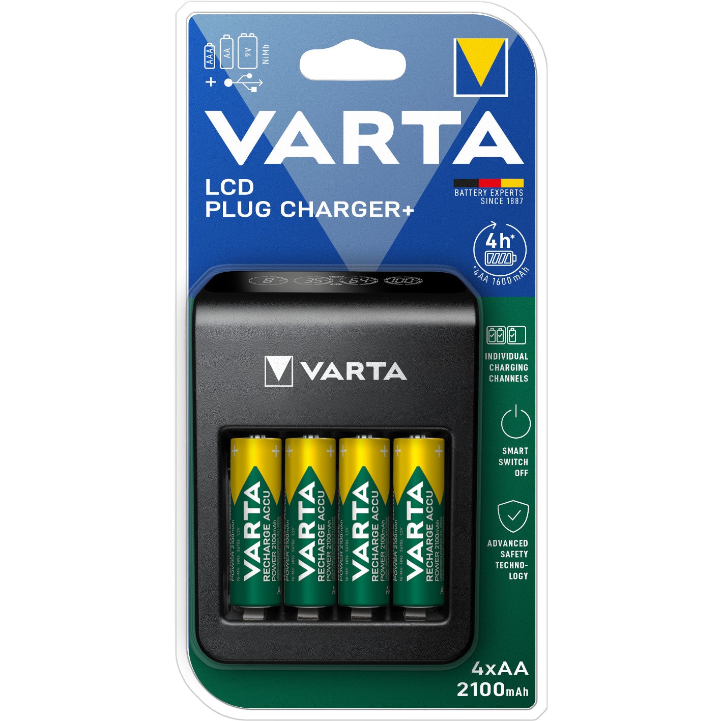 Lādējamā ierīce LCD PLUG+ 4XAA 2100mAh VARTA, AA, AAA un 9V.
