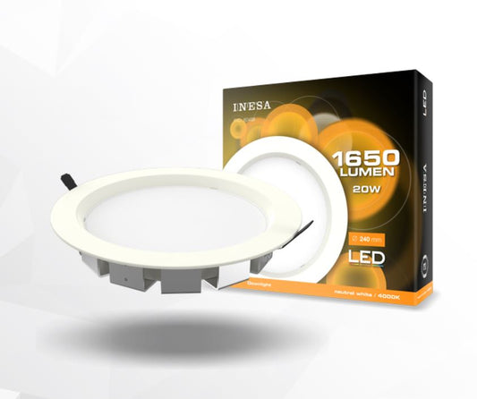 Iebūvējams LED gaismeklis INESA 20W 1600lm 4000K 240mm balts, apaļš