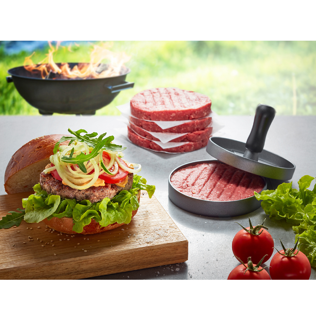 Burgeru kotlešu prese, burgeru riņķis un iesmiņš burgera sastiprināšanai