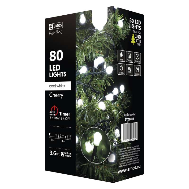 LED virtene EMOS 80LED 3.6W bumbiņas baltas 5300K IP44 8m ZY0901T