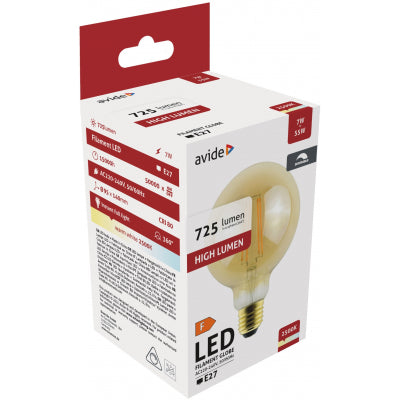 LED spuldze AVIDE VINTAGE Filament G95 E27 7W 725lm 2500K dim.