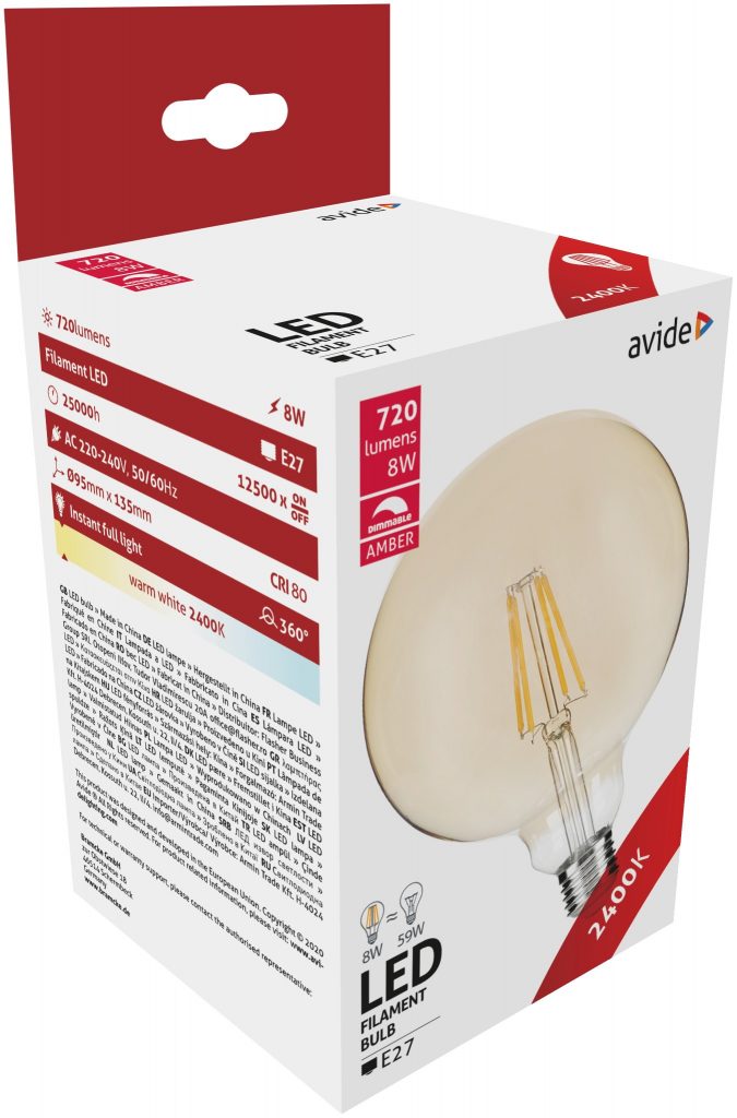 LED spuldze AVIDE VINTAGE Filament G95 E27 8W 720lm 2400K dim.
