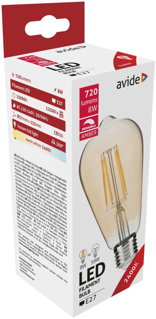 LED spuldze AVIDE VINTAGE filament ST57 E27 8W 720lm 2400K dim.