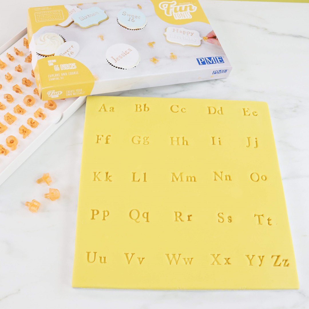 Burtu un ciparu zīmogu komplekts PME Cake Fun Fonts, keksiem un cepumiem