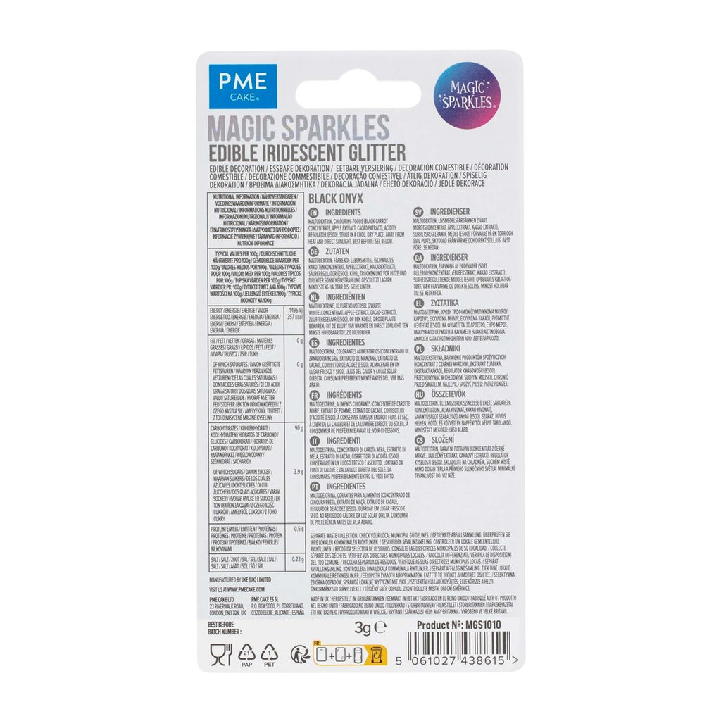Ēdams gliteris PME Cake Magic Sparkles melns 3g produkta aizmugure ar sastāvdaļām un instrukcijām.