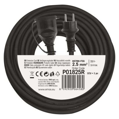Āra pagarinātājs 25m / 1 kontaktligzda / 3x2.5mm2 a/z melns gumijas 16A IP44 EMOS