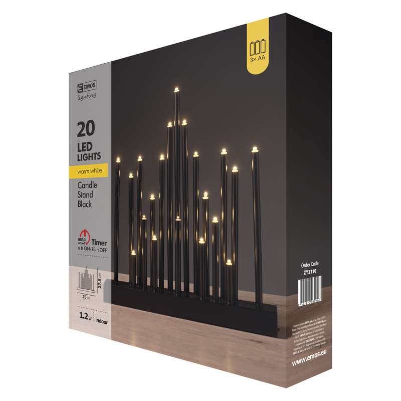 Adventes svečturis 20LED melns ar taimeri EMOS, 3xAA